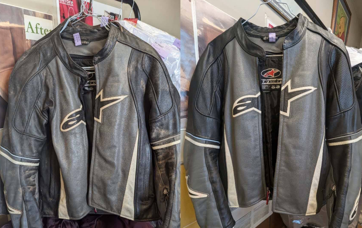 Before and after care of a black leather motorcycle jacket