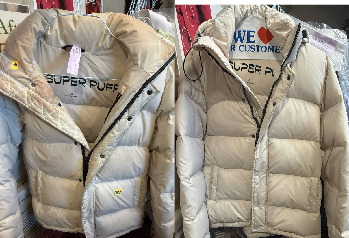 Before and after cleaning of a cream Super Puff winter jacket